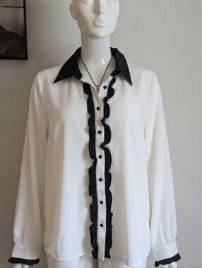 ​New York & Company Black & White Ruffle Long Sleeve Blouse Top XXL